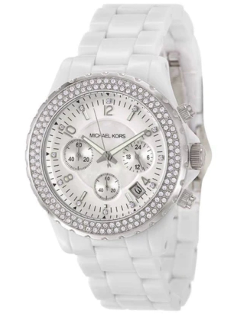 Michael Kors White Crystal-Trim Diamond Chronograph Watch Leather Box Bracelet - Picture 2 of 13